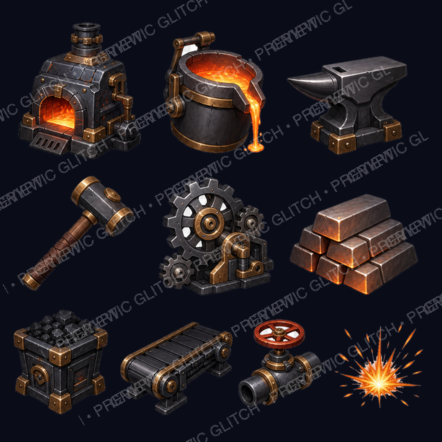Clockwork Forge Props Vol. 1 — forge, anvil, tools, gears, ingots, and workshop prop assets