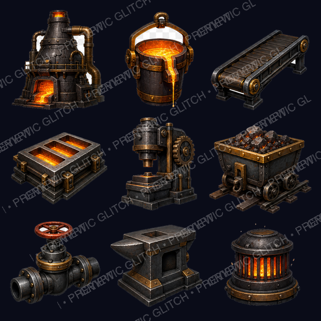 Ironworks Furnace Props Vol. 1 — steampunk furnace, crucible, conveyor, coal cart, press, valve, and heat-core assets