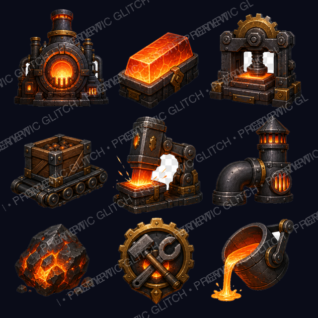 Molten Works Machinery Props Vol. 1 — steampunk furnace core, hot ingot, gear press, coal cart, pipe stack, ore, and crucible assets