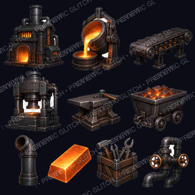 Boilerworks Factory Props Vol. 1 — steampunk boiler furnace, casting crucible, conveyor, press, cart, tools, pipes, and hot ingot assets