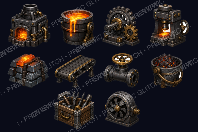 Forgeworks Machinery Props Vol. 1 — forge furnace, molten vat, gear assembly, press, conveyor, valves, coal, tools, and vent machinery assets