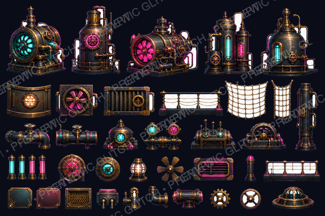 Airship Engine Room Decor Kit Vol. 1 — steampunk engines, pipes, gauges, and interior prop assets