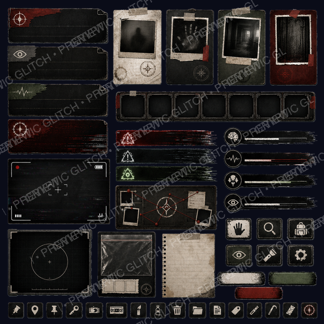 Analog Horror Investigation HUD Kit Vol. 1 — investigation UI panels, meters, and icon assets