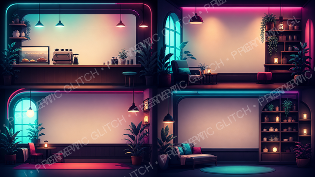 Cozy Cafe Lobby/Menu Art Kit — neon cafe backgrounds for lobbies and menus
