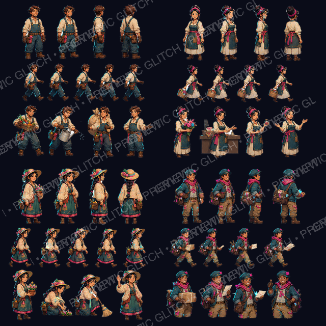 Cozy Farmhand Character Sprite Sheets Vol. 1 — farmhand, shopkeeper, neighbor, and courier sprite sheets