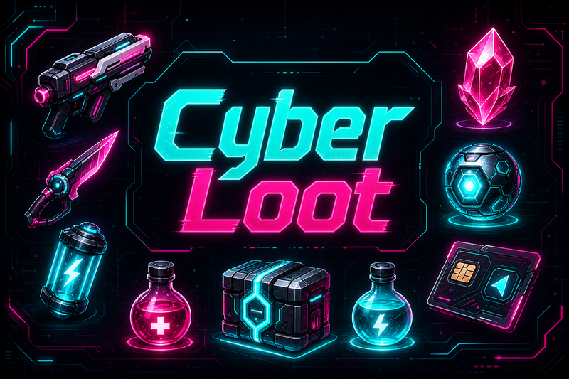 Cyber Loot — sci-fi game item icon pack, 24 neon inventory icons, 2D game assets