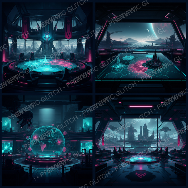 Grand Strategy War Room Concept Sheet PNG Vol. 1 — single flattened four-panel war-room concept sheet