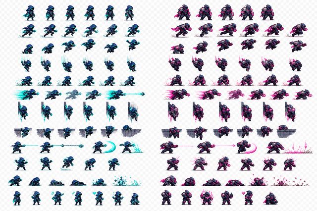 Grapple Runner Platformer Hero Sprites — two neon action character sprite sheets with movement and attack frames