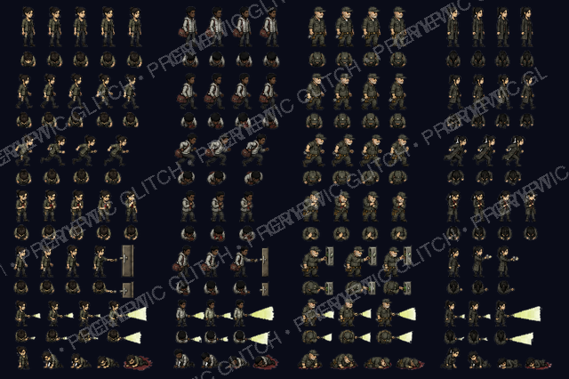 Haunted Motel Survivor Sprite Sheets Vol. 1 — four original horror survivor sprite sheets with movement, flashlight, and death frames
