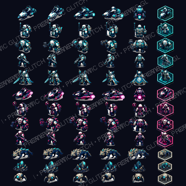 Hex Frontier Faction Units Vol. 1 — scouts, settlers, builders, infantry, commanders, and neutral unit sprites