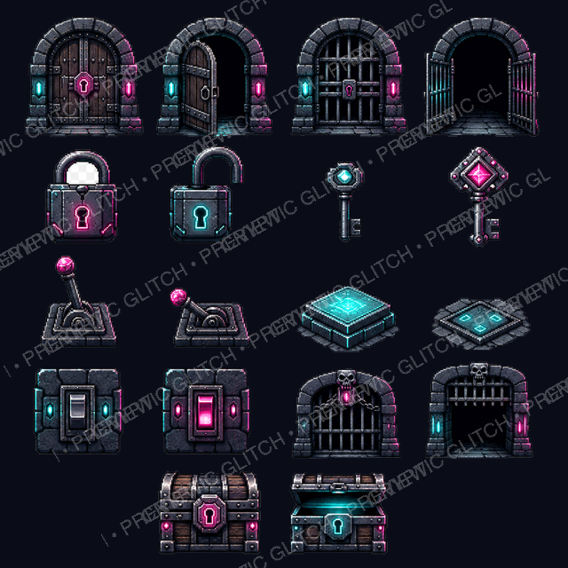 Modular Dungeon Door & Lock Kit — pixel doors, locks, keys, switches, and chest assets