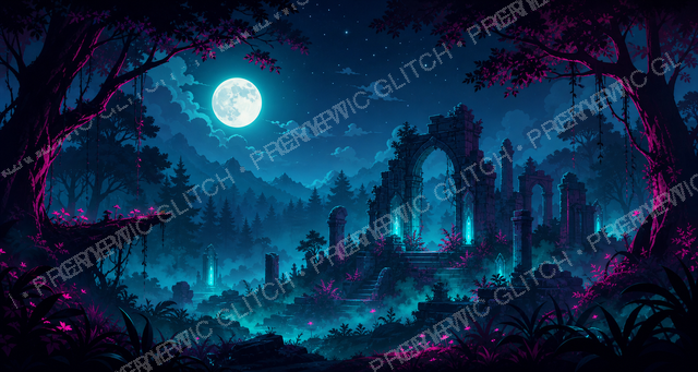Moonlit Forest Scene PNG Vol. 1 — single flattened moonlit forest scene with foliage, ruins, mist, and sky