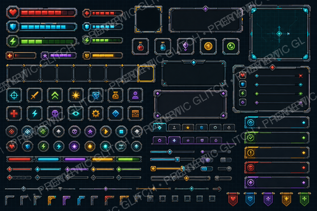 Pixel HUD & UI Kit — neon health bars, panels, buttons, and game UI assets