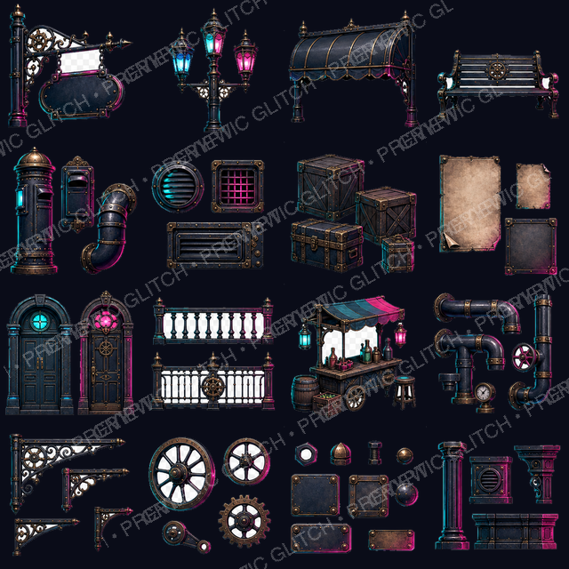 Steam City Street Dressing Pack Vol. 1 — steampunk signs, lamps, benches, vents, and street prop assets