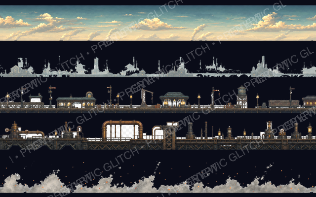Steam Rail Parallax Backgrounds Vol. 1 — layered brass rail yard, tunnel, and skyline background assets