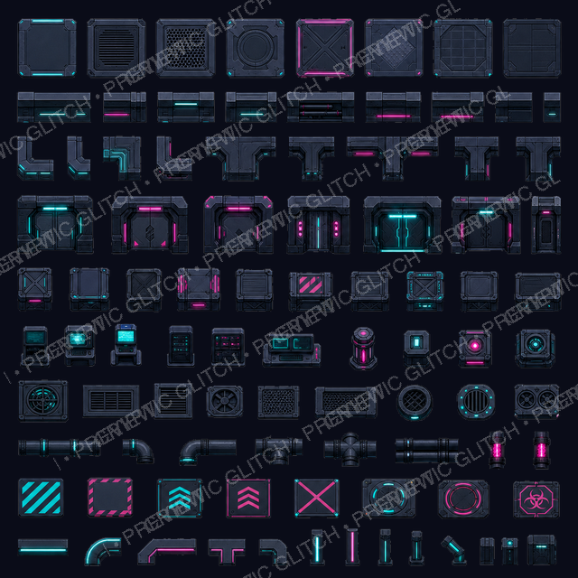 Top-Down Sci-Fi Tileset — modular floors, walls, doors, terminals, and prop tiles
