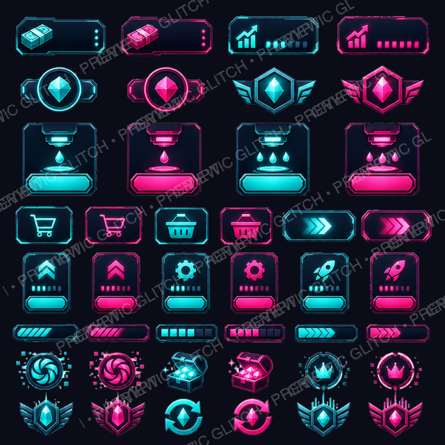 Tycoon HUD/UI Kit — neon cash counters, upgrade panels, shop buttons, and status widgets